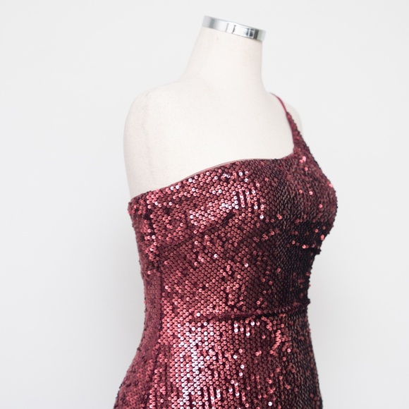 Betsy & Adam One Shoulder Burgundy Sequin Cocktail Dress - Picture 7 of 10
